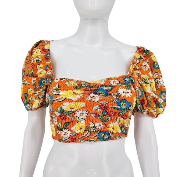Zara Shirred Puff Sleeve Crop Top Orange S - Picture 1 of 6